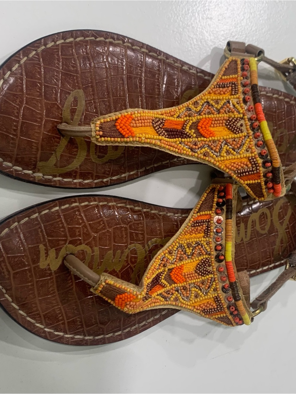 Sam Edelman Brown Leather Sandals with Orange & Yellow Beadwork